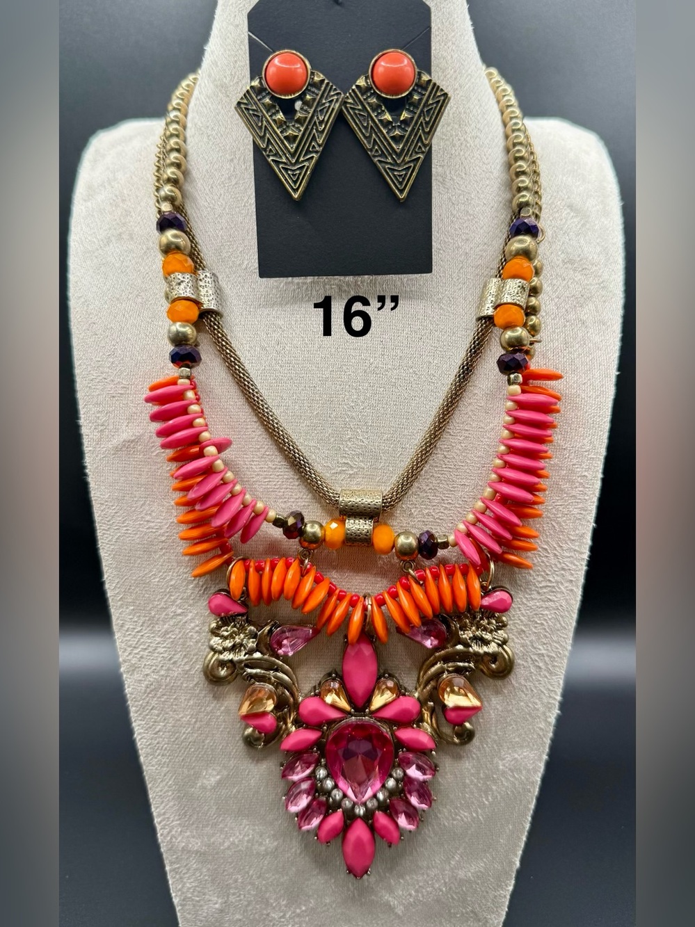 Bold Pink & Orange Statement Necklace Set - Women Jewelry